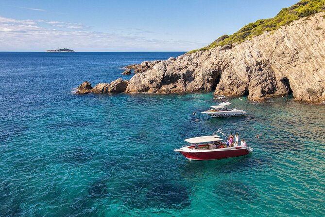 Blue Cave, Green Cave & Lopud Beach small group Speed boat Tour - Leaving Dubrovnik with a view of the walls