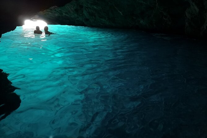 Blue Cave, Green Cave & Lopud Beach small group Speed boat Tour - Swimming into the Blue Cave near Koločep