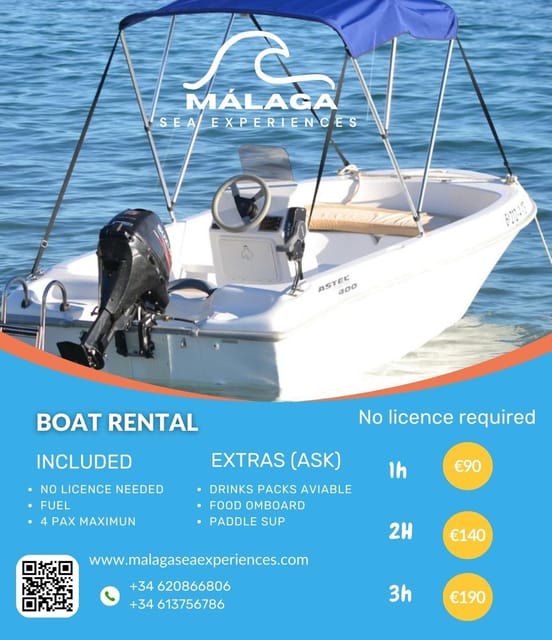 Boat rental without a license in Malaga city for 1-6 people. - One hour or two: choosing the right rental length