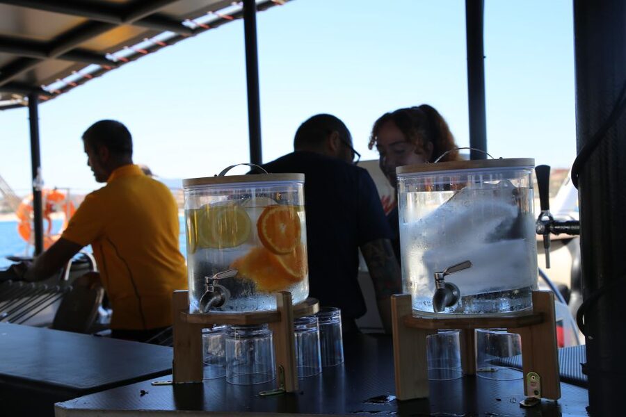 Cambrils: Sunset Catamaran Cruise & Drinks w/ Sunbed - The swimming stop in clear Costa Dorada water