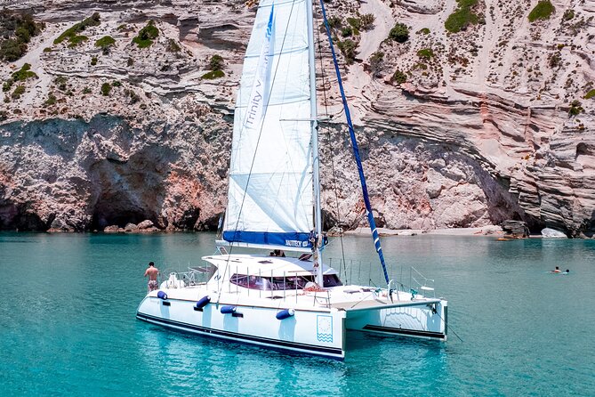 Catamaran Full-Day of Milos and Poliegos With Lunch & BBQ - Kleftiko: white volcanic rock and pirate stories