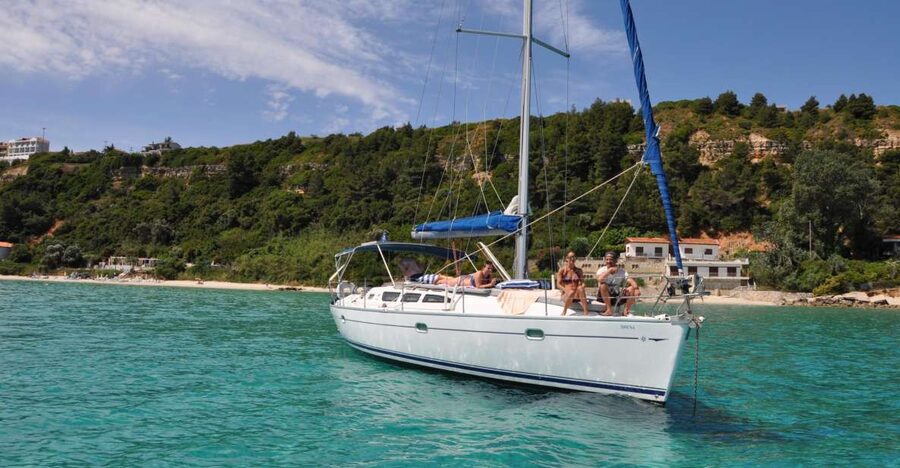 From Nea Fokea: Chalkidiki 6-Hour Cruise by Sailing Boat - Afytos gives you the first swim