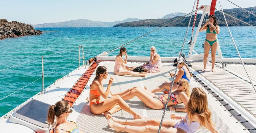 Santorini: Catamaran Tour with BBQ Dinner, Drinks, and Music - The Ocean Voyager and Tahiti catamarans