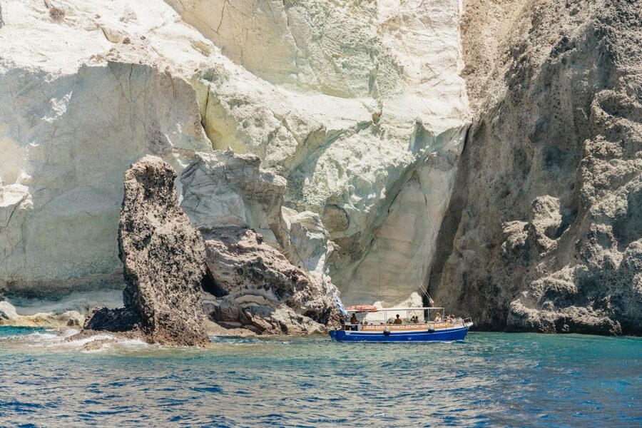 Santorini: Catamaran Tour with BBQ Dinner, Drinks, and Music - First stop: the sulfurous Hot Springs