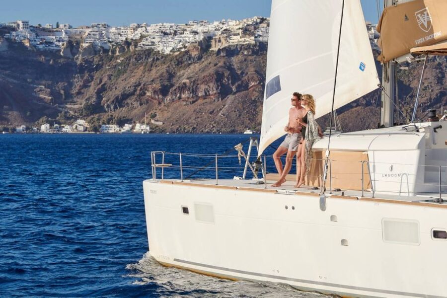 Santorini Gold Catamaran Cruise with Snorkel, BBQ & Open Bar - Red Beach and the first swim