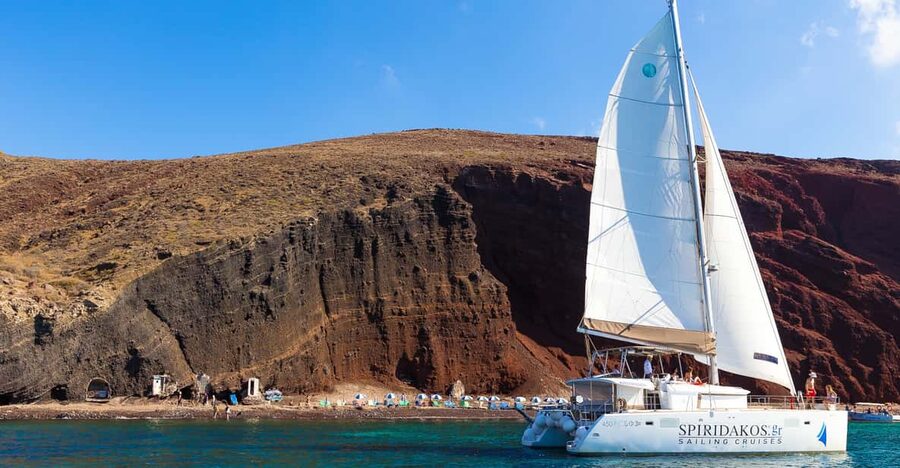 Santorini: Sailing Catamaran Cruise with BBQ and Drinks - From Thera pickup to Vlychada Port